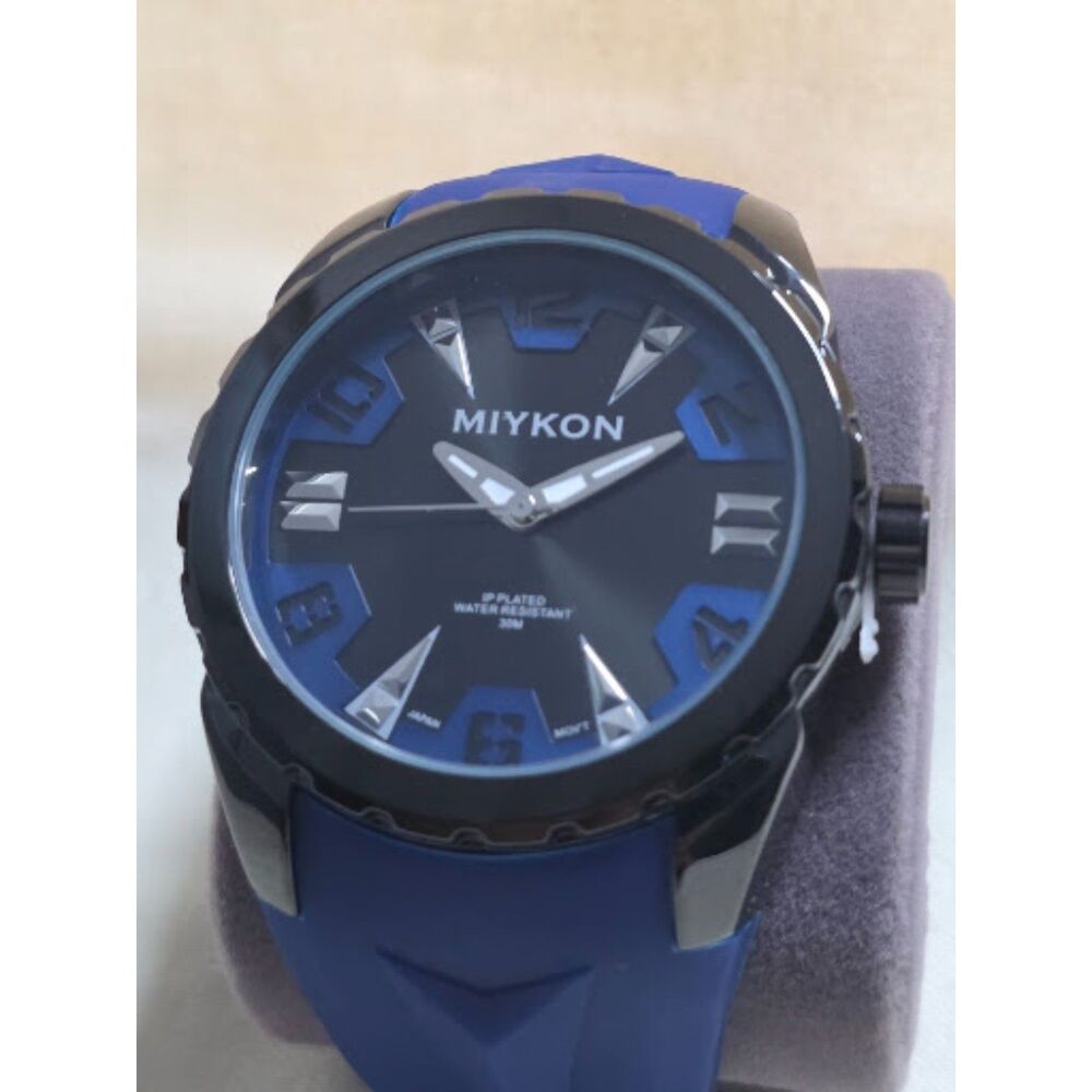 Miykon 46mm Gunmetal Sport Watch Blue Silicone Strap Black Dial Japan Quartz NIB